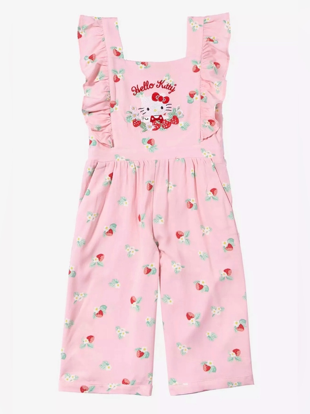 Hello Kitty Pink Strawberry-Print Ruffle Overalls
